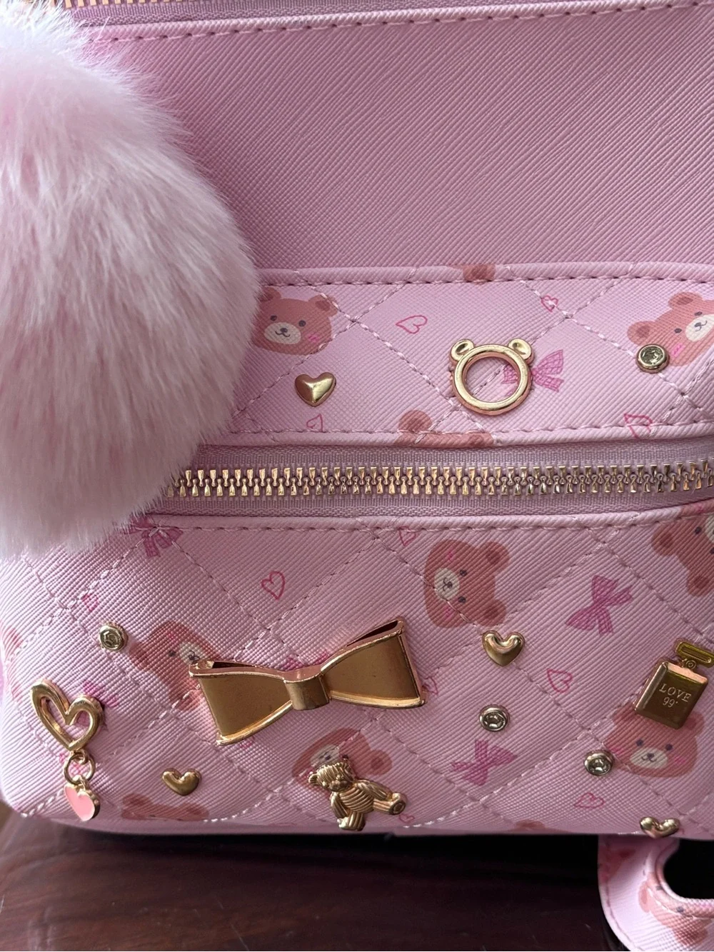 Under One Sky Light Pink Mini Backpack with Faux Fur Pom Pom and Gold Accents